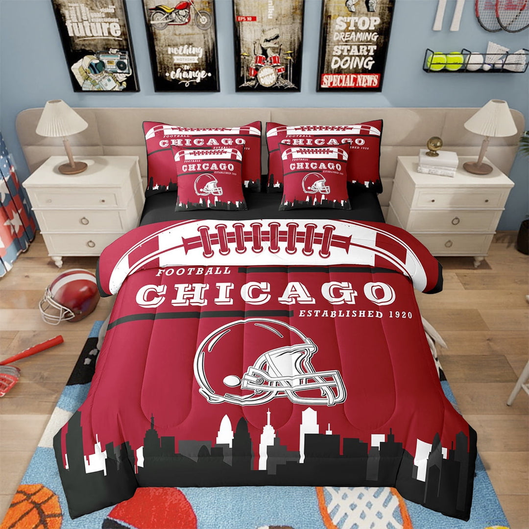 Football Bed in a Bag Full 7 Piece,Sports Bedding Sets,American Football Fans Bed Set Rugby Player Rose Pink Red Comforter Set with Sheets Football Lovers Sheets (Chicago)