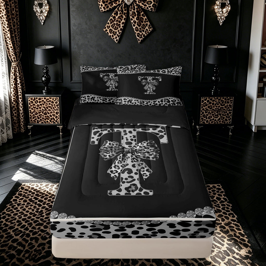 meiyoeat Boho Leopard Print T Letter Zipper Full Size Comforter Sets with Fitted Sheet and 2 Pillowcases for Women Girls, Black White Princess Bowknot Zipper Bedding Set, Black Reversible, 4-Piece