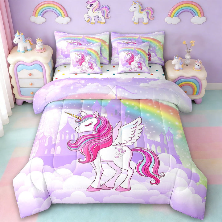 Erosebridal Chic Unicorn Bed in a Bag Twin Size,Cartoon Rainbow Bed Set,Fairy Castle Silhouette Bedding Twin Size For Girls,Breathable Room Decoration Reversible,7 Pieces