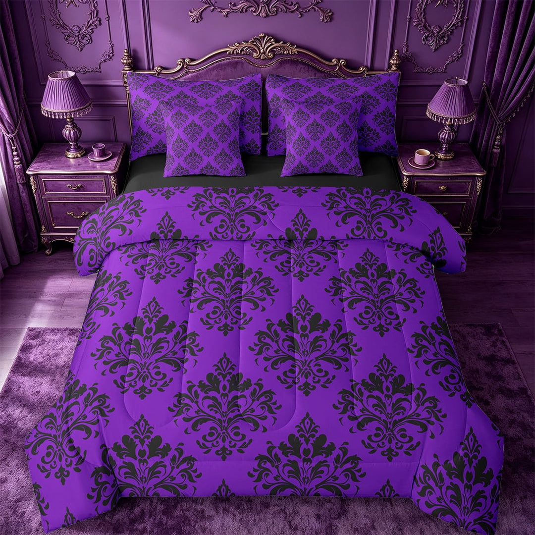 Erosebridal Vintage Dasmark Floral Bedding Twin Size,Retro Gothic Theme Comforter Sets with Sheets,Purple Jacquard Design Bedding Sets Twin Size,Microfiber Bedroom Decoration Reversible,7pcs