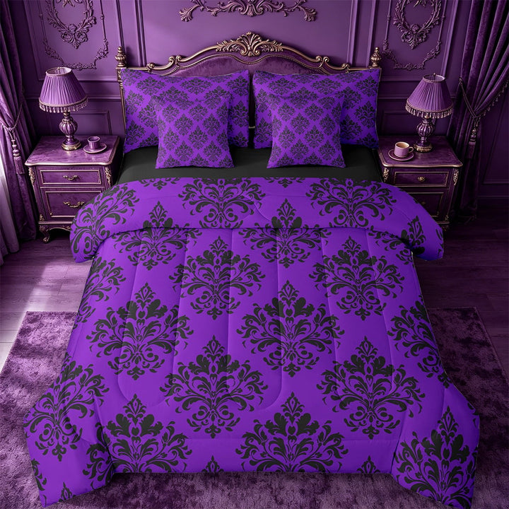 Erosebridal Vintage Dasmark Floral Bedding Twin Size,Retro Gothic Theme Comforter Sets with Sheets,Purple Jacquard Design Bedding Sets Twin Size,Microfiber Bedroom Decoration Reversible,7pcs
