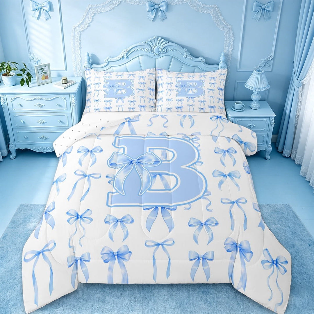 Manfei Letter B Monogram Full Size Comforter Sets For Kids,Blue Ribbon Bow Bedding Sets,Reversible,3pcs