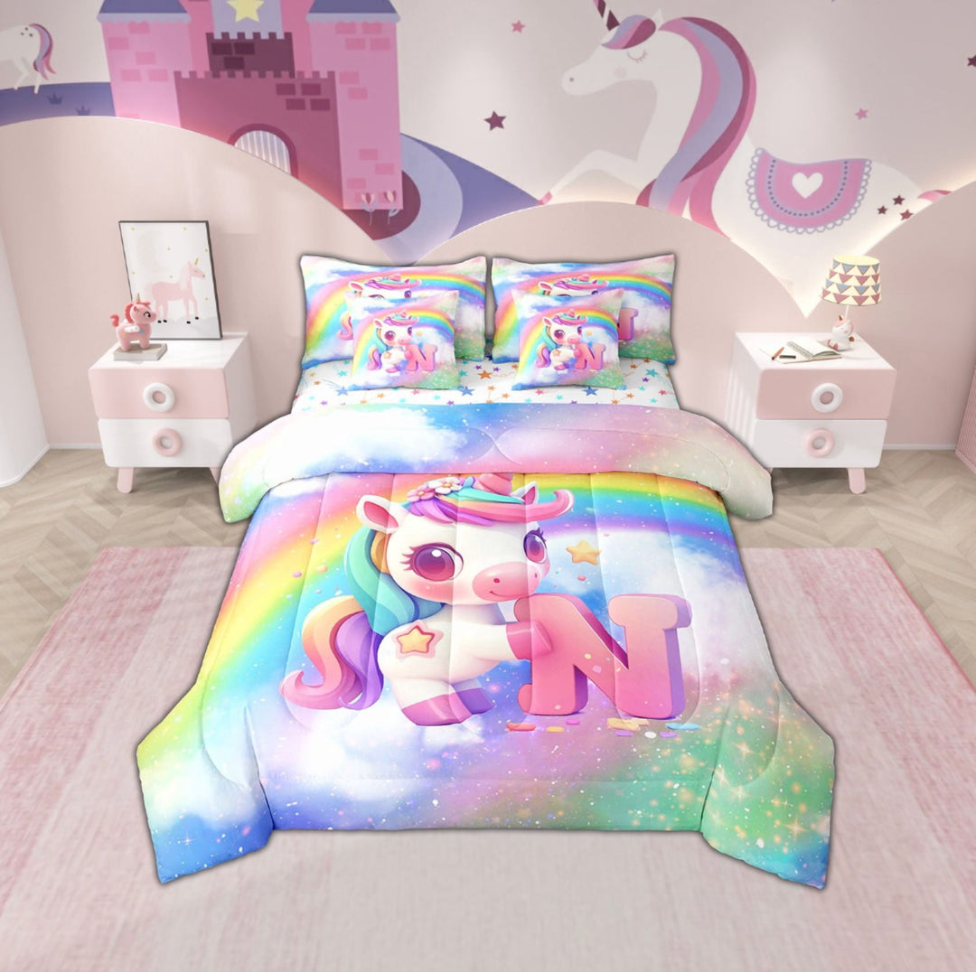 Erosebridal Cartoon Unicorn Bedding Twin Size, Initial N Letter Bed Set, Bling Rainbow Reversible Bedding Sets Twin Size, Lightweight Room Decorative, 7pcs