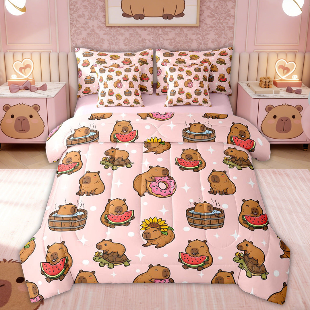 Erosebridal Donut Capybara Twin Bedding Sets for Kid, Stars Print Bedding Comforter Set, Pink Reversible, 7 Pieces