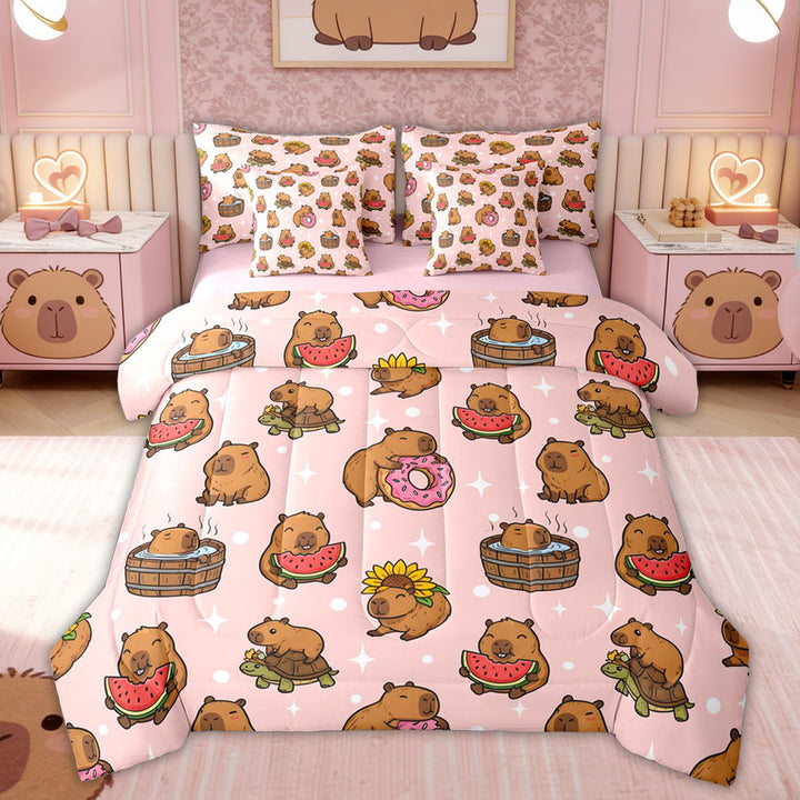 Erosebridal Donut Capybara Twin Bedding Sets for Kid, Stars Print Bedding Comforter Set, Pink Reversible, 7 Pieces