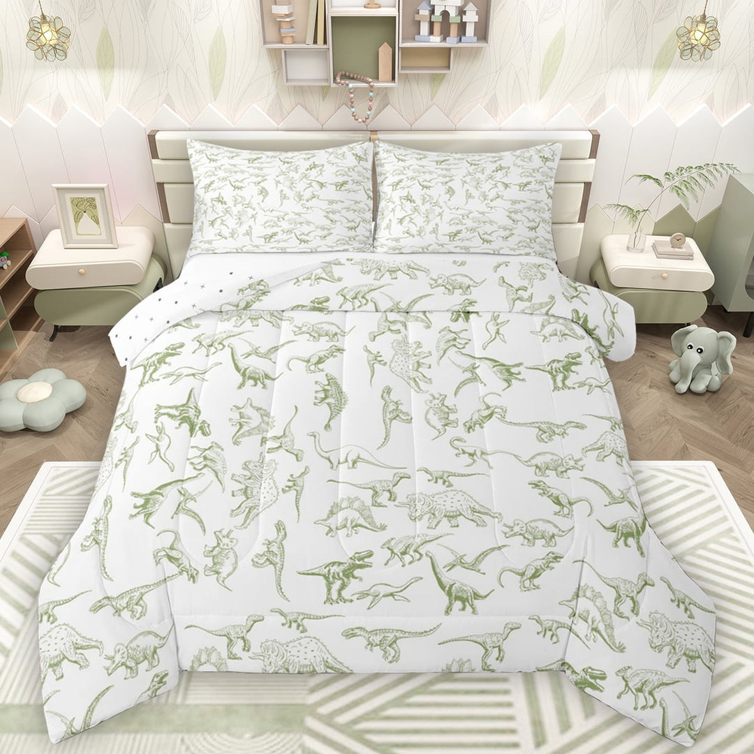 Manfei Safari Animal Dinosaur Full Size Comforter Sets,Cartoon Dino Bedding Comforter Set,Green White Bedding Sets For Teens,Luxury Bedroom Decor Reversible,3 Pieces