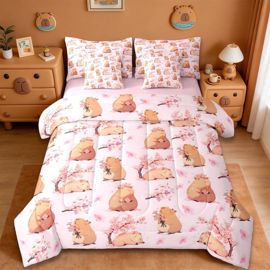 Erosebridal Cartoon Capybara 7-Piece Twin Bedding Sets For Kids,Pink Cherry Blossom Bedding Comforter Set For Cute Animals Lover ,Reversible Pink