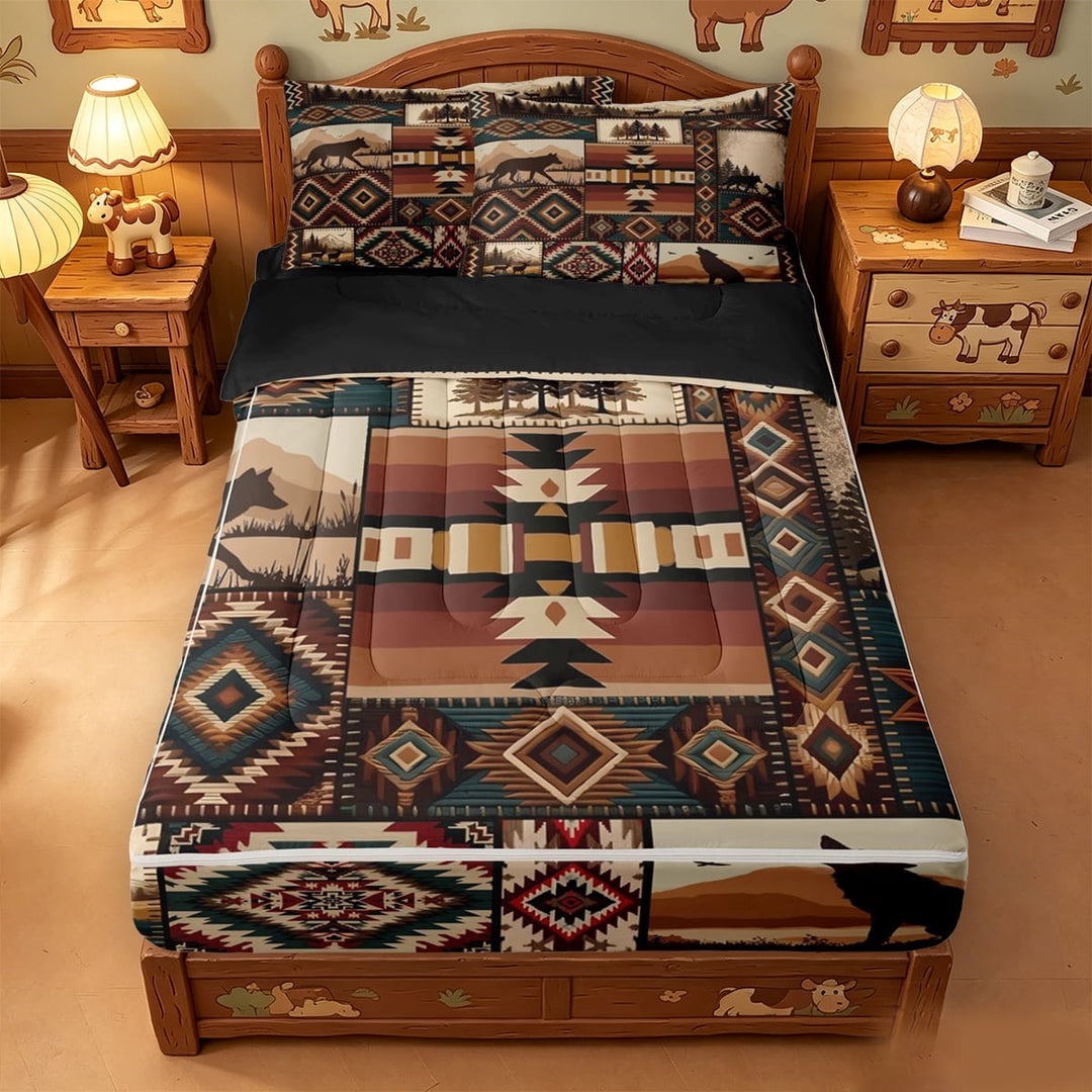 meiyoeat Howling Wolf Zipper Full Size Comforter Sets with Fitted Sheet and 2 Pillowcases,Vintage Aztec Geometric Pattern Zipper Bedding Set For Boys,Black Reversible,4 Pieces