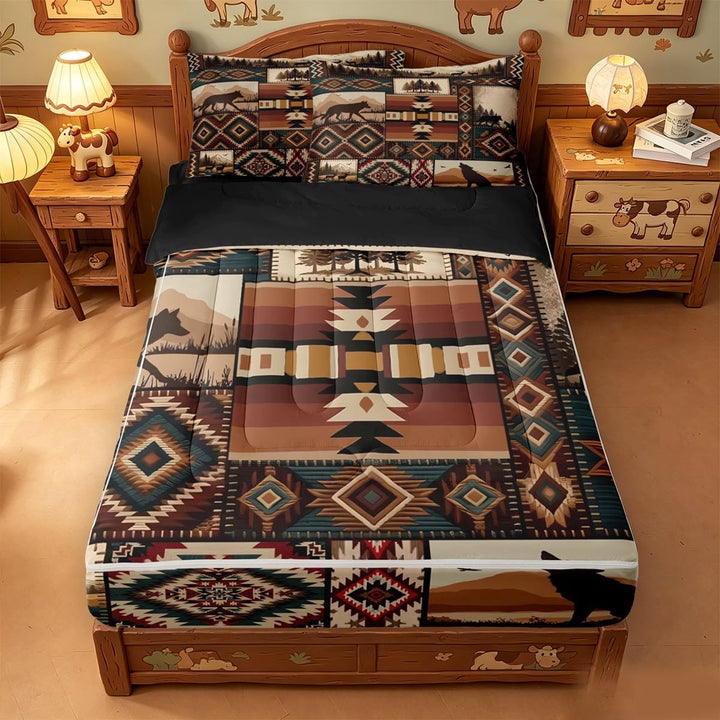 meiyoeat Howling Wolf Zipper Full Size Comforter Sets with Fitted Sheet and 2 Pillowcases,Vintage Aztec Geometric Pattern Zipper Bedding Set For Boys,Black Reversible,4 Pieces