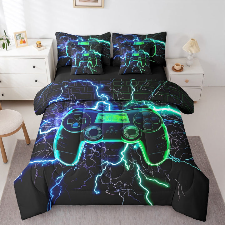 Erosebridal Modern Gaming Bed in a Bag, 3D Gamepad Bed Set, Neon Lightning Reversible Comforter Sets, Lightweight Bedroom Decoration, 7pcs