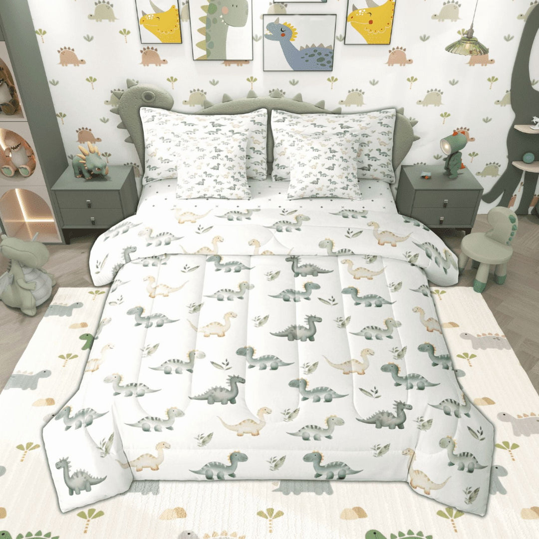 Manfei Watercolor Dinosaur Bedding Comforter Set 7pcs, Cartoon Wild Animal Full Bedding Set, Kawaii Dino Fitted Sheet Flat Sheet, Breathable Home Decor