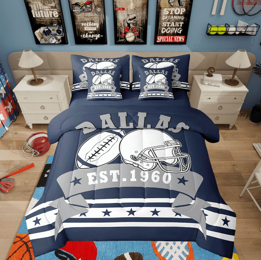 7Pcs Football City Themed Comforter Sets Twin, Sports Style Bedding American Football Lovers Bedding Set With 2 Pillowcases &amp; 2 Throw Pillow Covers, Christmas Gifts Bed Set (Dallas)