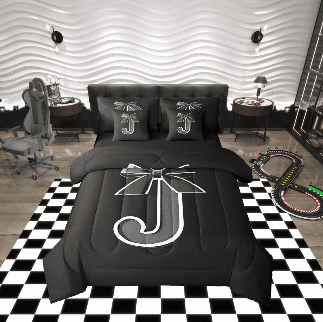 Erosebridal Monogrammed J Bedding Twin Size, Initial Letter Bed in a Bag Twin size, Gray Bow Reversible Bed Set, Super Cozy Bedroom Decor, 7-Piece