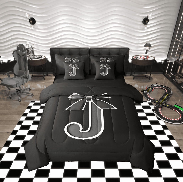 Erosebridal Monogrammed J Bedding Twin Size, Initial Letter Bed in a Bag Twin size, Gray Bow Reversible Bed Set, Super Cozy Bedroom Decor, 7-Piece