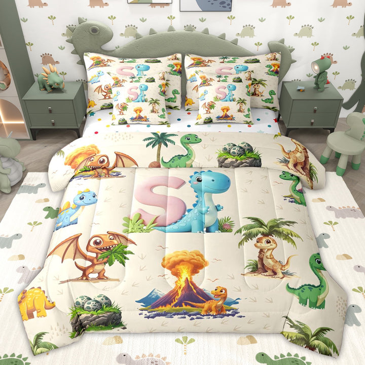 Erosebridal Cartoon Dinosaur Twin Bedding Sets for Kids Boys Girls, Dino Letter S Bedding Comforter Set, Polka Dots Reversible, 7 Pieces
