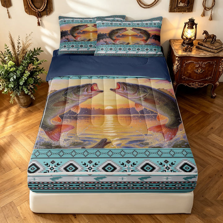 meiyoeat Tribal Border Largemouth Bass Zipper Full Size Comforter Sets with Fitted Sheet and 2 Pillowcases for Men, Lake Forest Fishing Marine Zipper Bedding Set, Blue Reversible, 4pcs