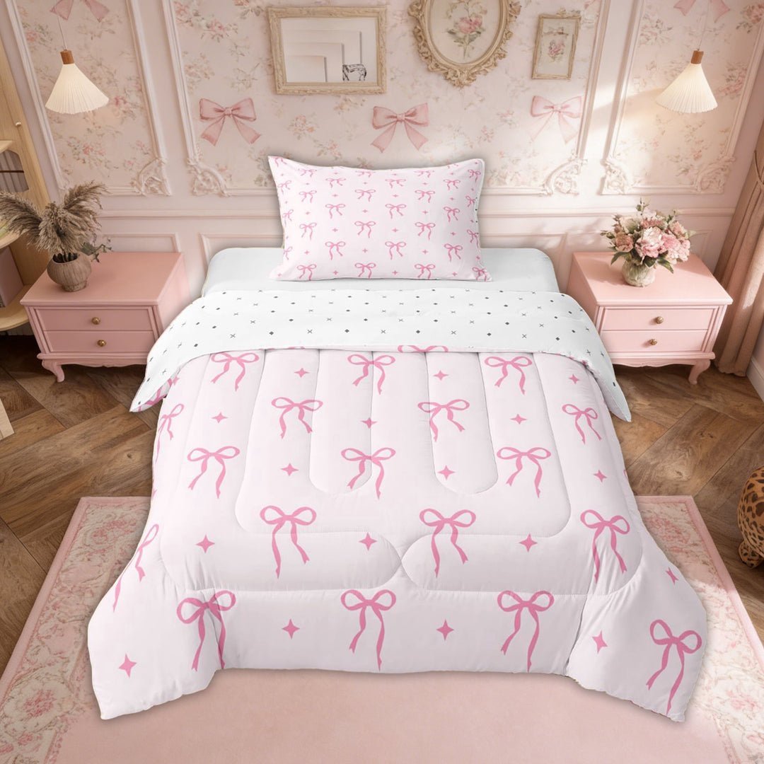 Erosebridal Kawaii Princess Bow Twin Comforter Sets, Girly Pink Stars Print Bedding Set, 2pcs