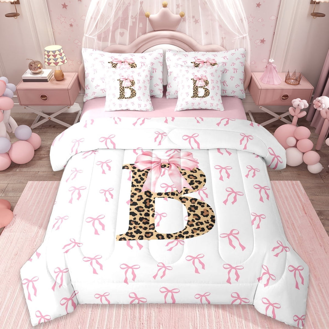Erosebridal Initial Alphabet B 7-Piece Twin Bedding Sets,Princess Bowknot Wild Cheetah Pattern Bedding Comforter Set For Bowtie Girls,Reversible