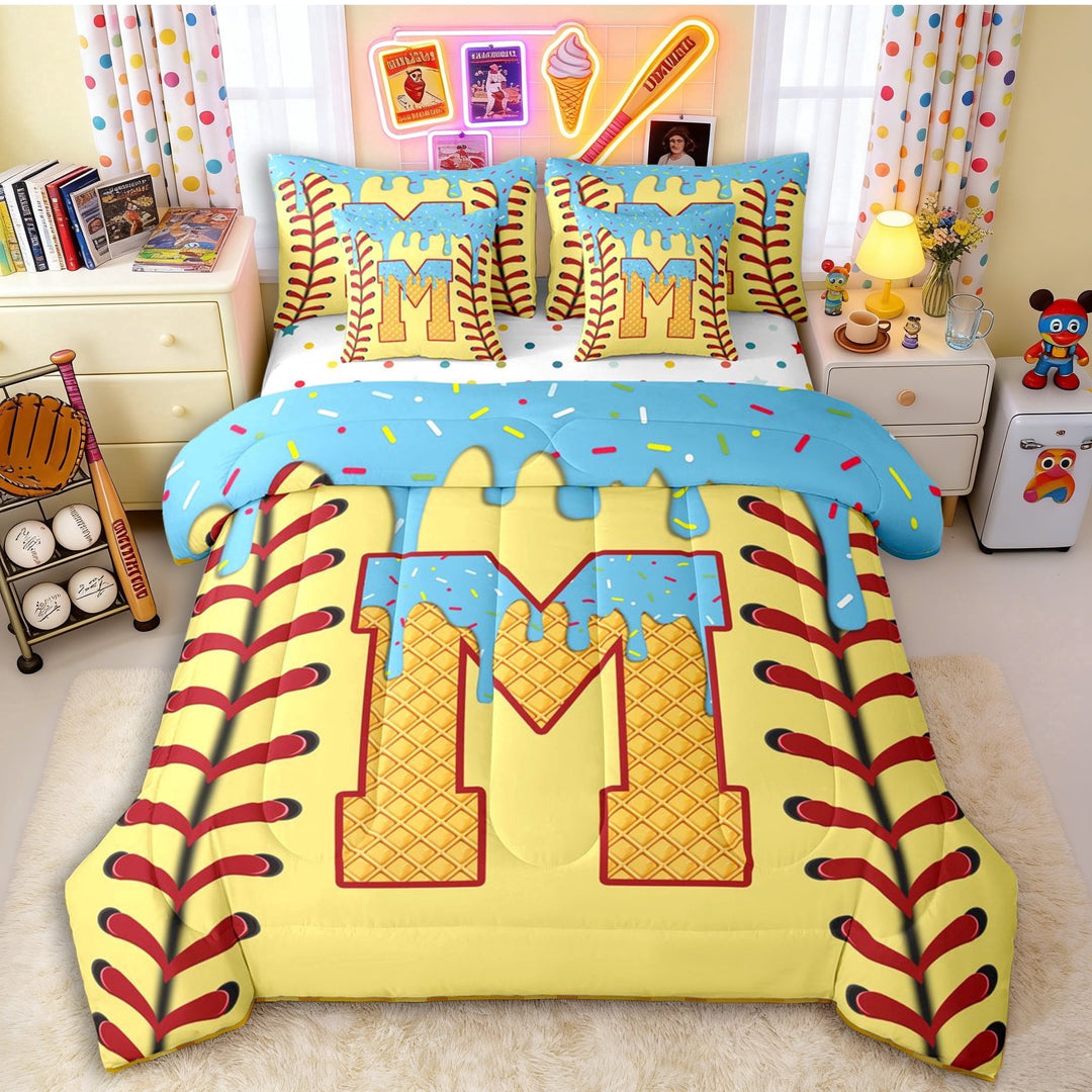 Erosebridal Light Blue Dripping Baseball Stitch &amp; Waffle Letter M Graphic Twin Bedding Sets 7-Piece, Alphabet Graphic Bedding Comforter Set for Boys And Girls Kids,Luxury Bedroom Decor