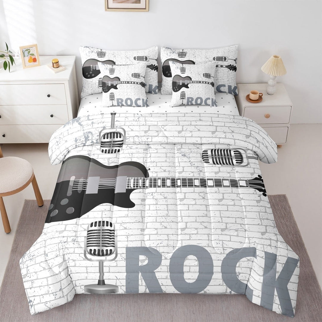 jejeloiu Electric Guitar Bedding Comforter Set 7-Piece,Music Instrument King Bedding Sets,Rock Musical Theme Bed Sheets For Boys Teens,Luxury Bedroom Decor