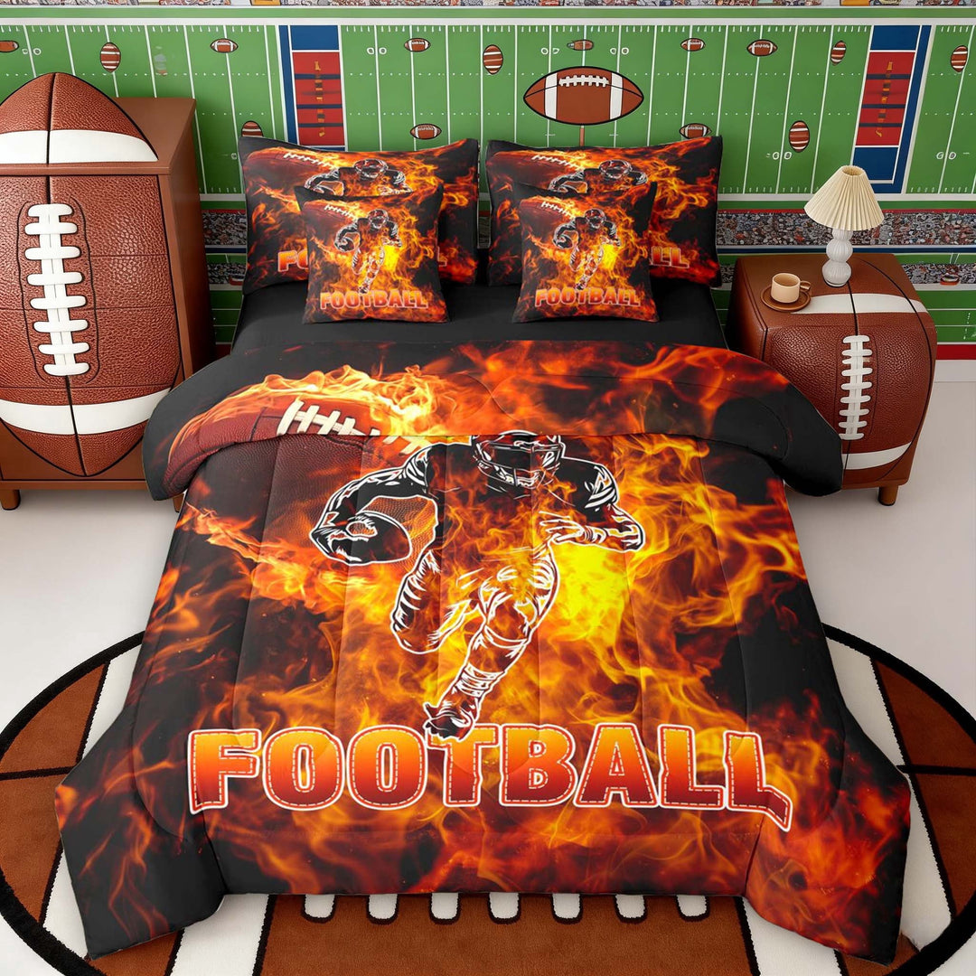 Erosebridal Fire Football Twin Bedding Sets, Sport Bedding Comforter Set for Men and Boys, Black Reversible 7pcs