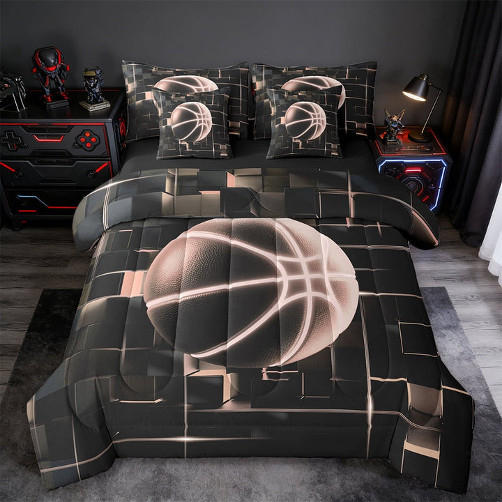 Erosebridal Girls Basketball Bed in a Bag Twin Size,Sports Game Bed Set,Lightpink Geometric Glowing Plaid Bedding Twin Size,Microfiber Bedroom Decor Reversible,7 Pieces