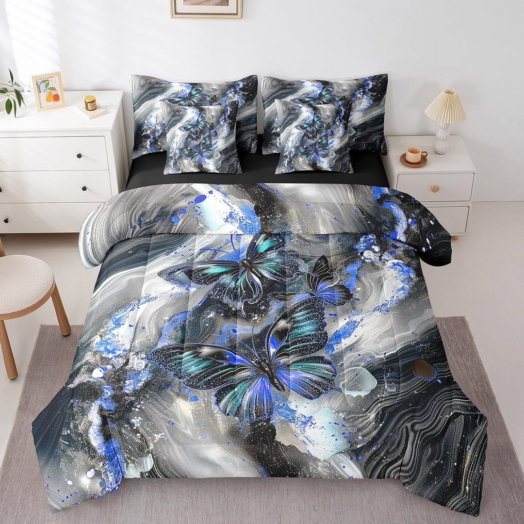 Black Marble Bed in a Bag Queen Comforter Set 7 Piece Teal Butterfly Sheet Set,Blue Marbling Bedding Sets,Abstract Ombre Ink Fluid Art Bed Set Rustic Animal Dreamy Butterflies Room Decor Aesthetic
