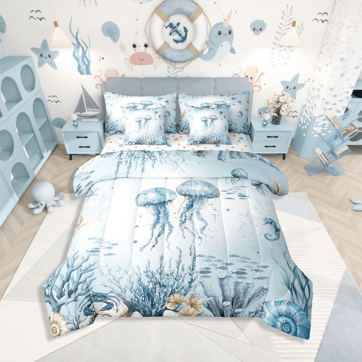 Erosebridal Wildlife Jellyfish Bedding Sets Twin Size,Marine Sealife Comforter Sets with Sheets,Underwater World Decor,Reversible,7pcs