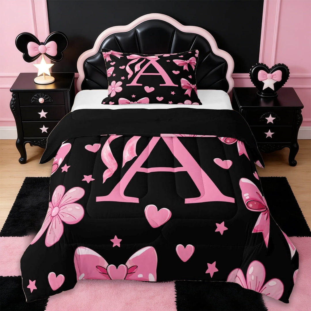 Erosebridal Letter A Monogrammed Twin Comforter Sets,Pink Ribbon Bow Girls Bedding Set For Kids,Reversible black,2-Piece