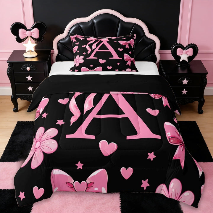 Erosebridal Letter A Monogrammed Twin Comforter Sets,Pink Ribbon Bow Girls Bedding Set For Kids,Reversible black,2-Piece