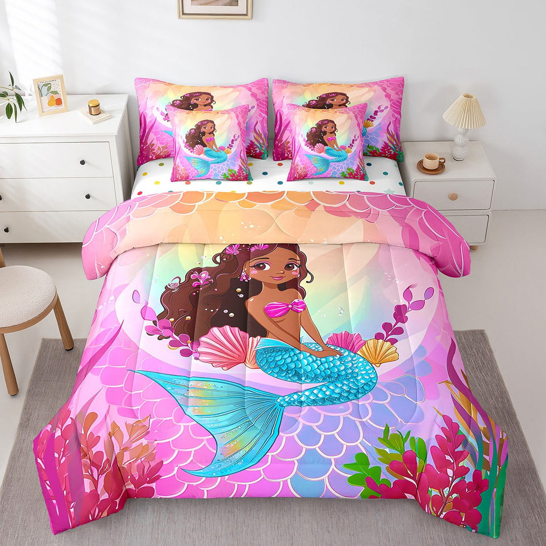 Kawaii Mermaid Bedding Twin 7 Pieces Black Princess Comforter Set, Cute American African Bedding Comforter Sets Pink Fish Scales Bed in a Bag, Colorful Seashell Coral Bedding Accessories