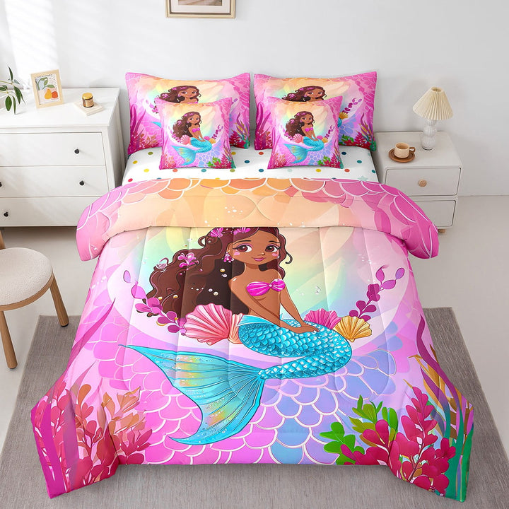 Kawaii Mermaid Bedding Twin 7 Pieces Black Princess Comforter Set, Cute American African Bedding Comforter Sets Pink Fish Scales Bed in a Bag, Colorful Seashell Coral Bedding Accessories