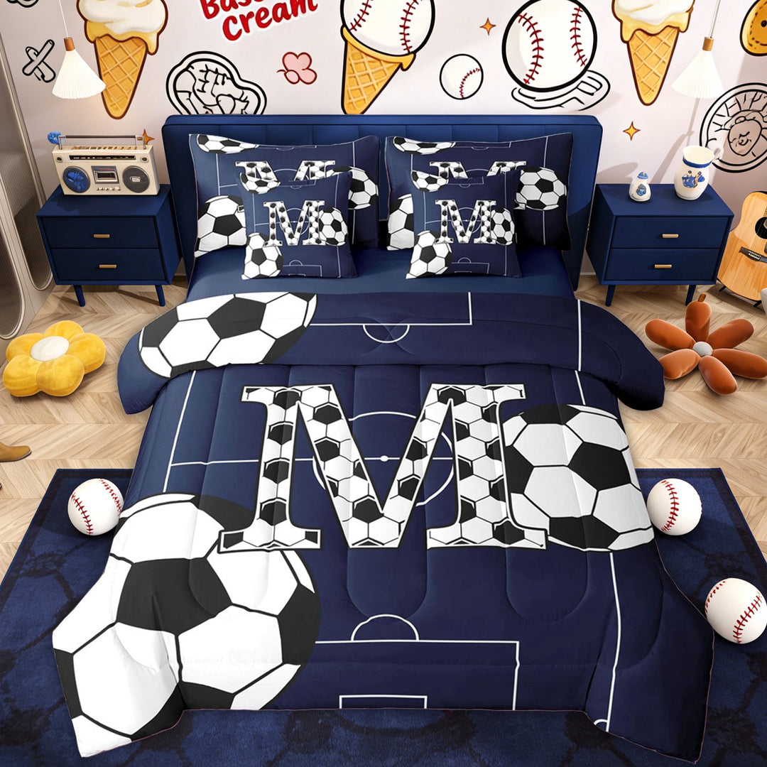 Erosebridal Soccer Letter M Kids Twin Bedding Sets, Blue Cartoon Bedding Comforter Set, 7 Pieces