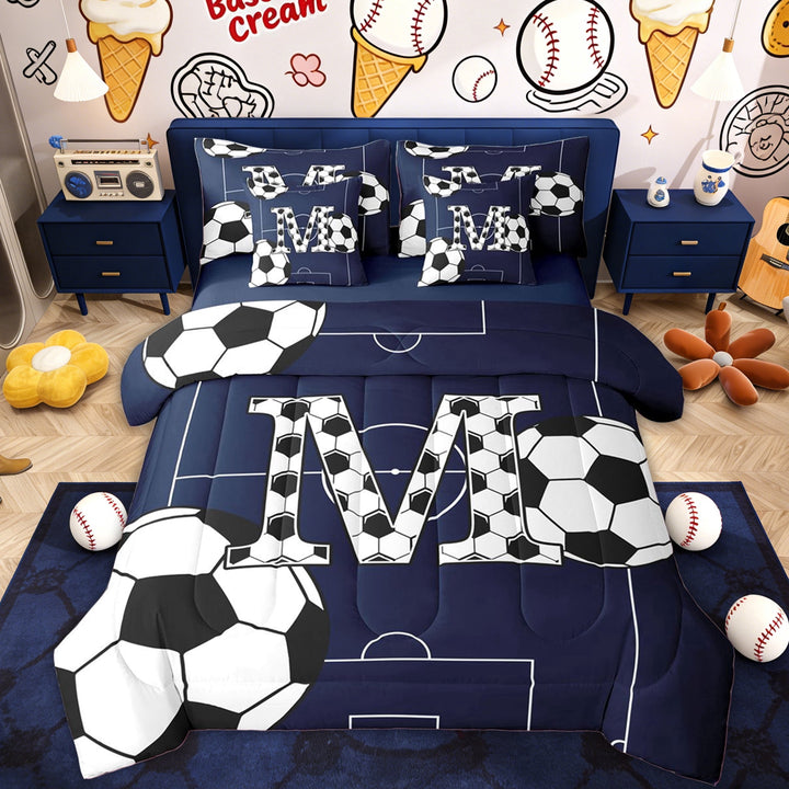 Erosebridal Soccer Letter M Kids Twin Bedding Sets, Blue Cartoon Bedding Comforter Set, 7 Pieces