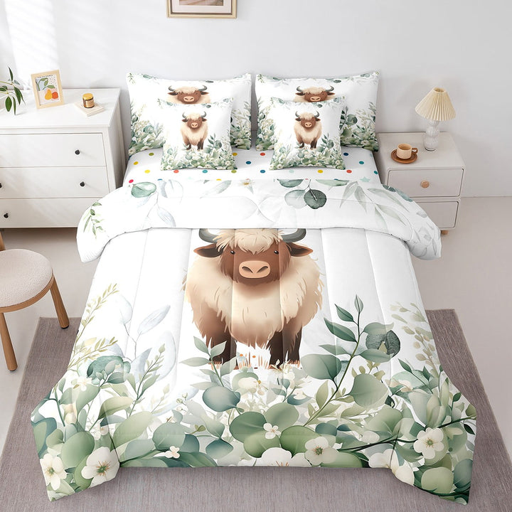 7-Piece Cartoon Cow Bedding Twin Farm Animal Comforter Set, Spring Plant Bedding Comforter Sets Eucalyptus Leaf Bed in a Bag, Farmhouse Wildlife Theme Bedding Accessories Room Decor