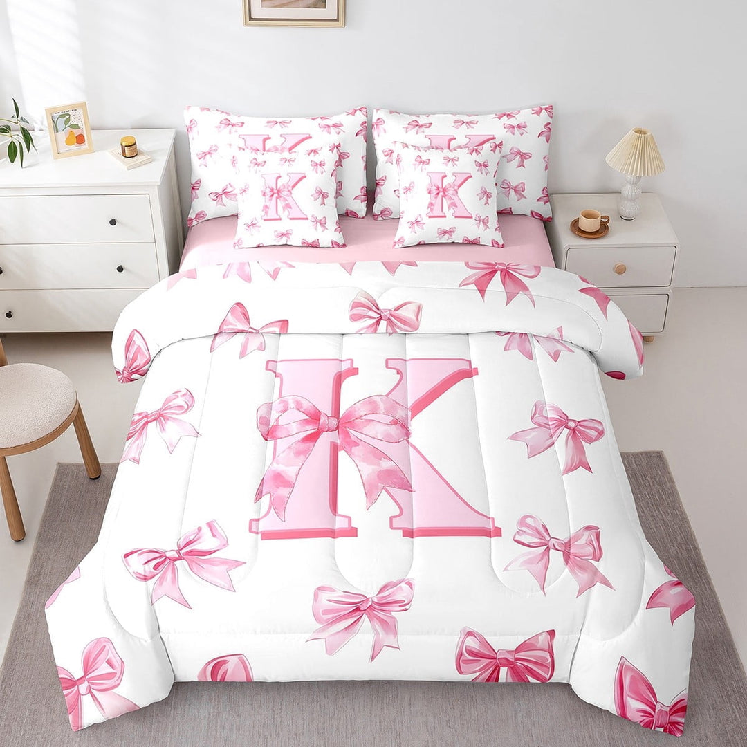 Erosebridal Monogrammed Bow Bedding Sets Twin Size,Personalized Initial Comforter Sets with Sheets,Bowknot Decoration,Reversible,Breathable,7-Piece