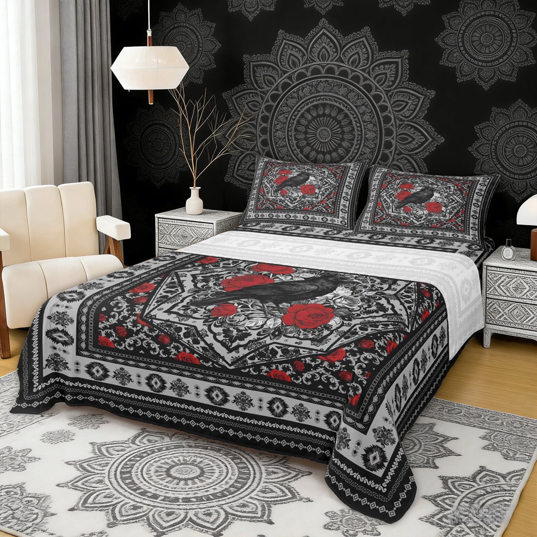Erosebridal Vintage Crow Queen Sheet Sets, Bohemian Aztec Mandala Bed Set, Black Gray Red, 4pcs 1 Flat Sheet, 1 Fitted Sheet and 2 Pillowcases