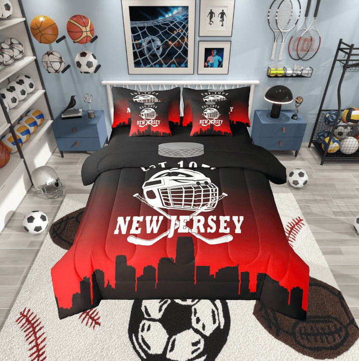 Erosebridal American New Jersey Bed in a Bag Twin size, Football Player Bed Set, Black Red Reversible Bedding Twin Size, Microfiber Bedroom Decor, 7-Piece