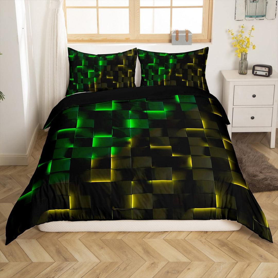 Manfei Kids Teens Adults Geometric Plaid Grid 2pcs Duvet Cover Twin,Gradient Green Yellow Bedding Sets Twin Size,Minimalist Futuristic Cubes Comforter Cover Breathable(No Comforter)