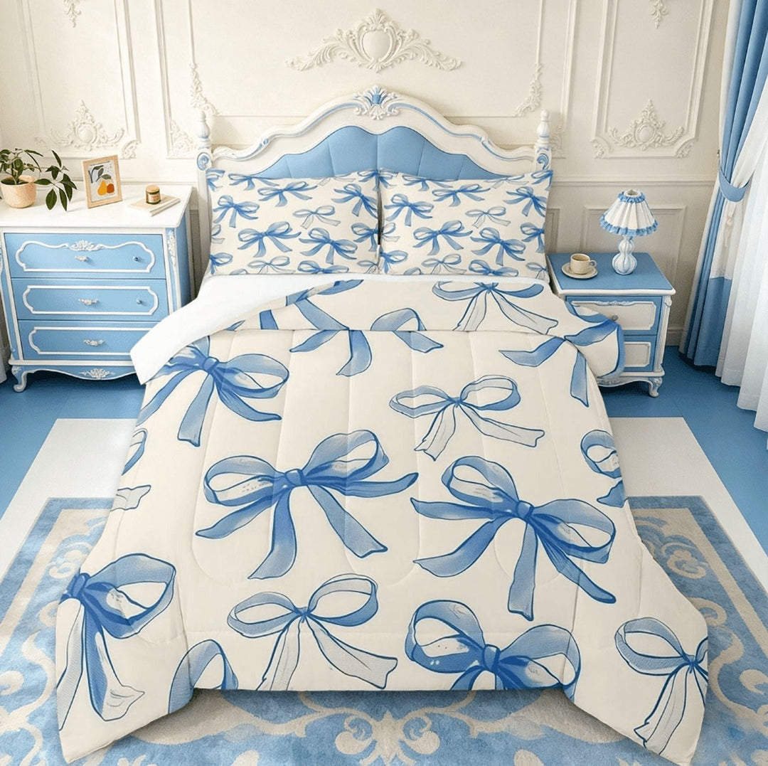 Manfei Blue Bow Full Size Comforter Sets,Cute Bowknot Bedding Sets For Kids Boys Girls Princess Style Soft Kawaii Bow Tie Bed Set 3 Pieces