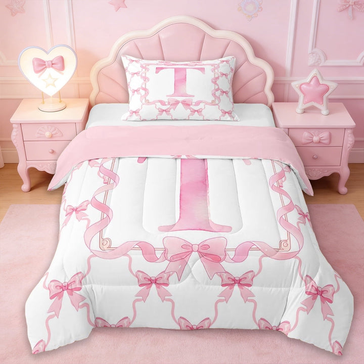 Erosebridal Letter T Monogrammed Twin Comforter Sets,Girly Bowknot Princess Bedding Set For Kids Women,Reversible pink,2 Pieces