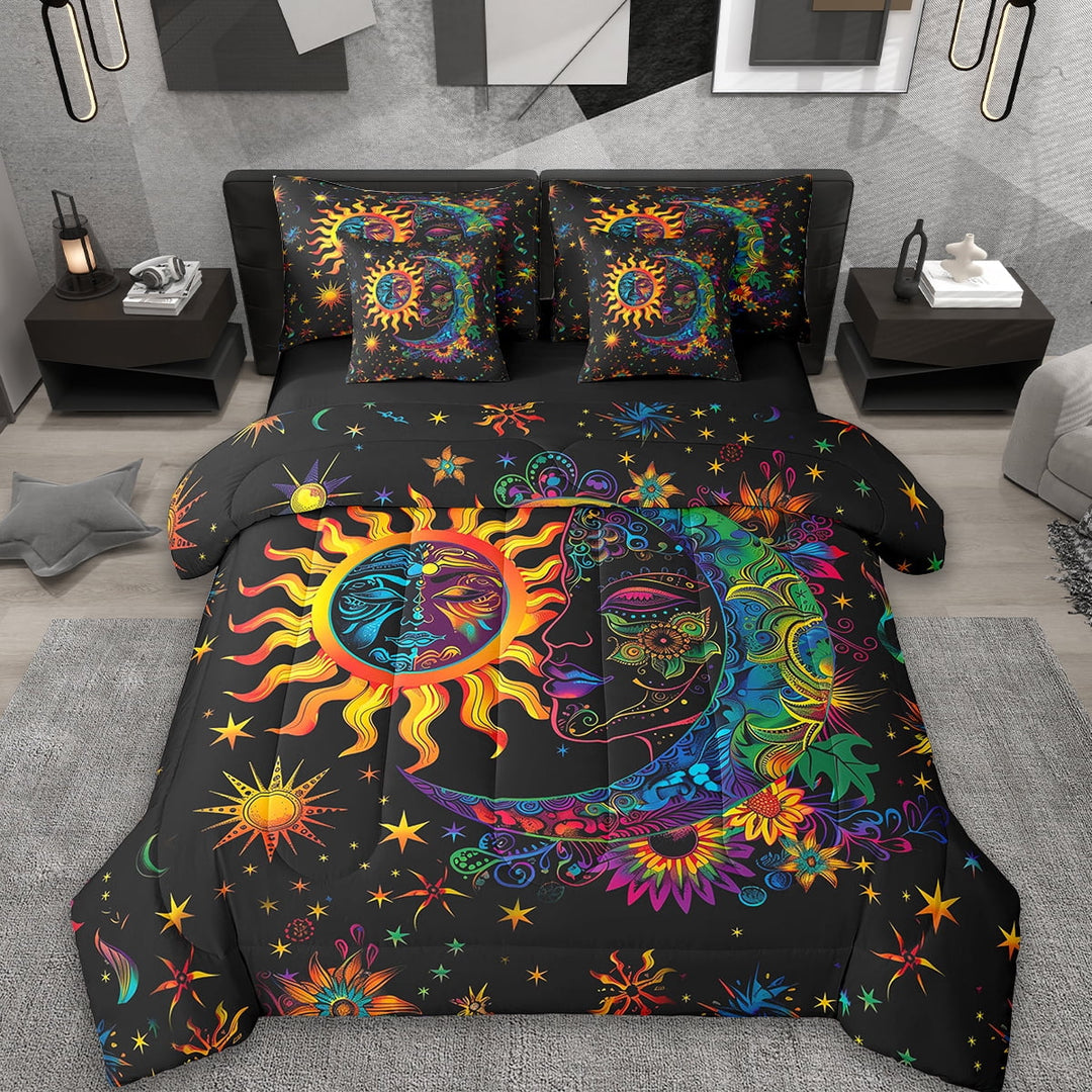 Erosebridal Cartoon Celetstial Bed in a Bag Queen Size,Boho Sun and Moon Bed Set,Black Orange Bedding Queen Size,Lightweight Bedroom Decorative Reversible,7pcs