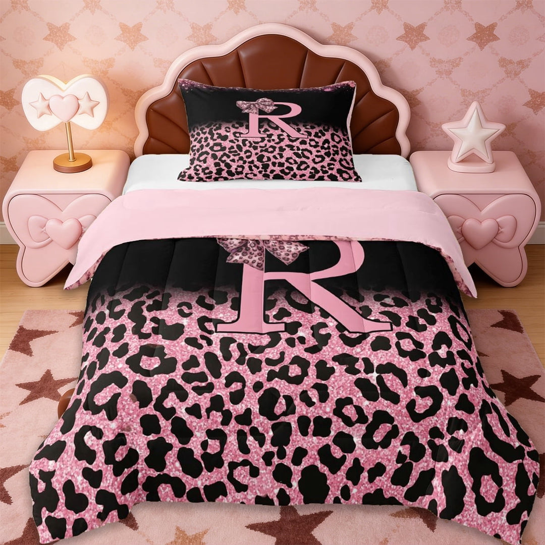 Erosebridal Chic Cheetah Pattern Twin Comforter Sets,Pink Glitter Print Bowknot Letter R Bedding Set For Girls Kids,Reversible pink,2-Piece