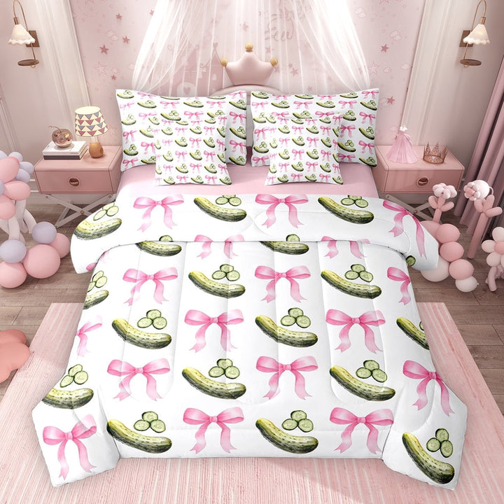 Erosebridal Kawaii Bowknot Twin Bedding Sets for Girls, Cute Pickles Bedding Comforter Set, Pink Reversible, 7 Pieces