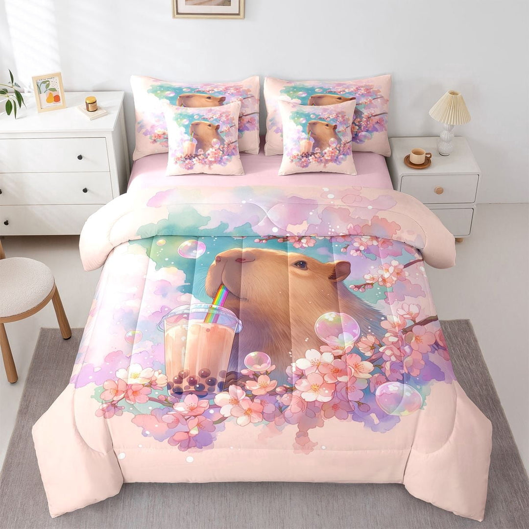 Erosebridal Kawaii Capybara Bubble Tea Twin Bedding Sets 7-Piece For Boys Girls,Kids Japanese Floral Sakura Bedding Comforter Set,Pink Reversible