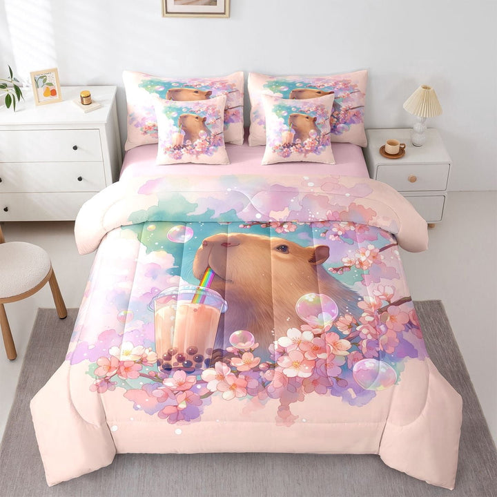 Erosebridal Kawaii Capybara Bubble Tea Twin Bedding Sets 7-Piece For Boys Girls,Kids Japanese Floral Sakura Bedding Comforter Set,Pink Reversible