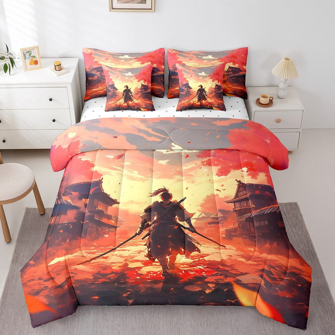Japanese Style Bed in a Bag 7-Piece Samurai Bedding Set Teens, Anime Themed Queen Size Comforter Set Oriental Traditional Building Bedding Comforter Sets, Asian Vintage Bed Set