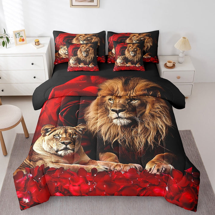 Erosebridal 7 Piece Couple Lion Comforter Set King Size,Romantic Rose Flower Bed In A Bag Adults,African Safari Animal Bedding Set Wildlife Bed Sheets With Comforter