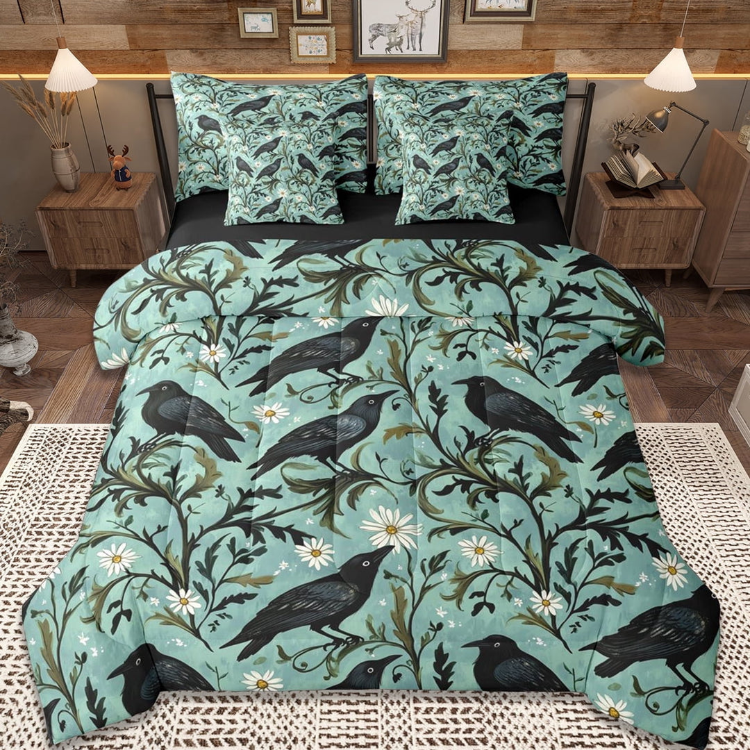 Erosebridal Black Raven 7-Piece Bedding Comforter Set,Natural Plant Floral King Bedding Sets For Men Women,Reversible