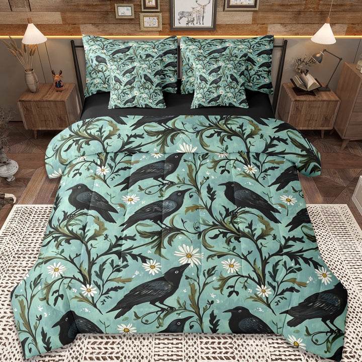 Erosebridal Black Raven 7-Piece Bedding Comforter Set,Natural Plant Floral King Bedding Sets For Men Women,Reversible